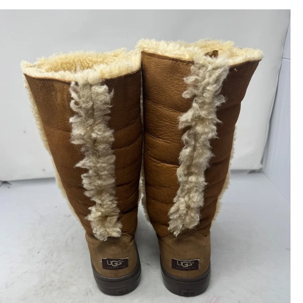 Rare🔥UGG Australia🩷🤎🩷Tall Chestnut Leather Shearling sheepskin Winter Boot 9